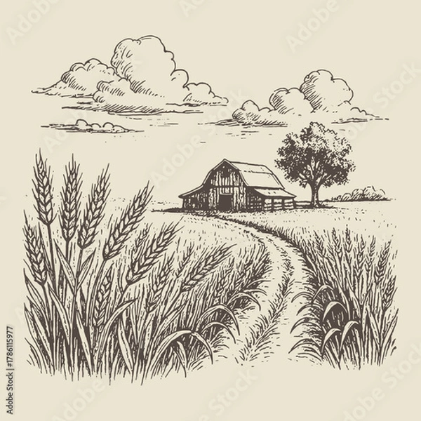 Obraz Vintage hand-drawn sketch vector of a rural countryside farm with fields and barn, great for rustic prints or agricultural themes.