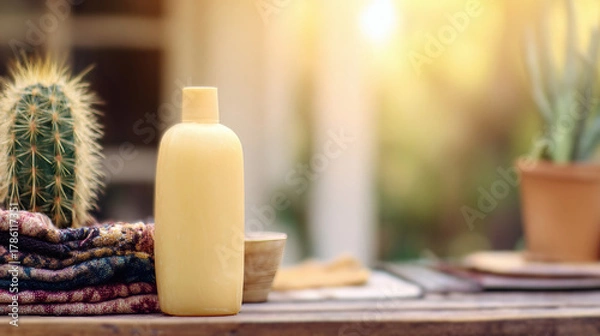 Fototapeta  Photograph mockup of yellow shampoo bottle on table, with cloth and cacti. Bright sunlight, blurred background, natural elements, warm tones, soft lighting, high-resolution photography, outdoor lifes