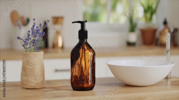 Fototapeta Photorealistic organic soap dispenser beside modern sink, zero waste lifestyle, clean composition, natural daylight, copy space for text, professional product photography, eco-friendly, minimal aesthe