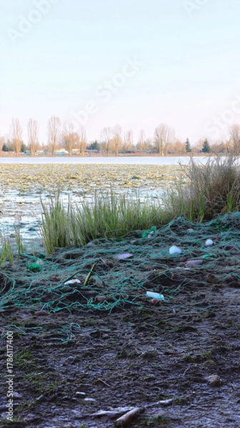 Fototapeta  Photograph of an urban park wetland covered with plastic waste and greenery along the edges. Taken from ground level with frozen teal-colored fog, scattered grass patches, and clear blue sky above.