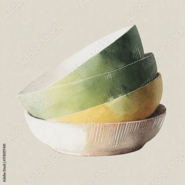 Obraz  Watercolor illustration of stacked eco plates in soft natural tones. Artistic sustainable concept with negative space for typography. Minimalistic, eco-conscious artwork in gentle neutral palette