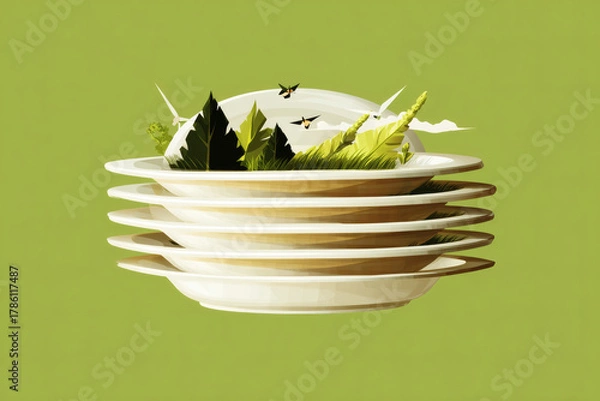 Fototapeta  Flat vector illustration of stacked plates with miniature green landscape and birds. Eco concept in earth tones, minimal, modern, and clean composition