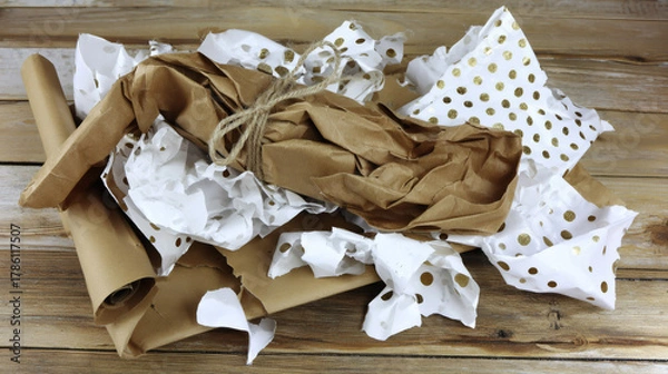 Fototapeta  Recycled paper wrapped package on wooden surface, commercial eco photography with copy space. Minimalistic natural concept for sustainable product imagery