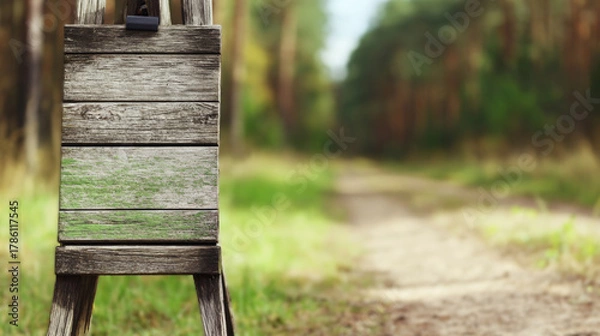 Fototapeta Wooden eco sign displayed in a natural forest under sunlight, conveying an environmental conservation message. Clean, minimalist composition ideal for eco campaigns or sustainability visuals
