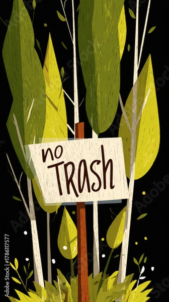 Fototapeta Cute vector-style eco poster showing trees, leaves, and a wooden sign reading “No Trash.” Flat, bright, storybook style illustration ideal for environmental campaigns or children’s materials