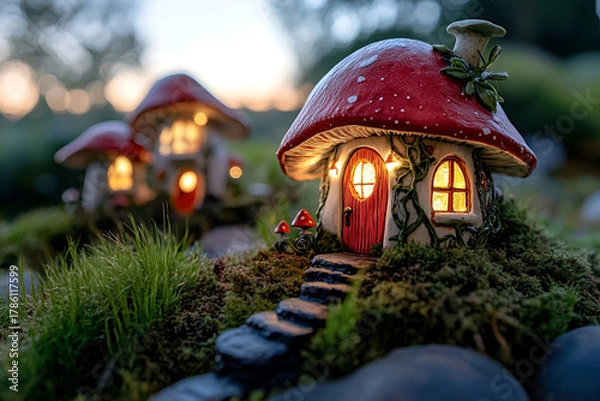Fototapeta Enchanting mushroom houses in a magical forest at dusk