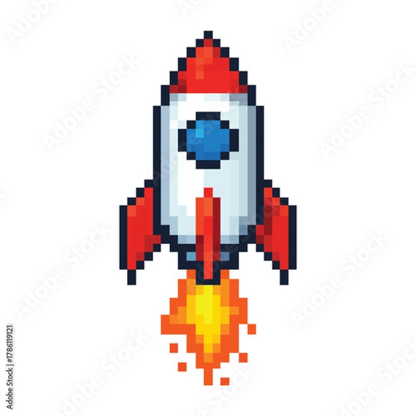 Fototapeta Pixel Art Rocket Launch Icon with Fire Vector Illustration