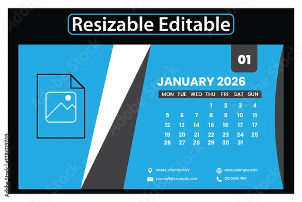 Fototapeta 2026 Desk Calendar Template – Modern Corporate Calendar Design, Clean Minimal Layout for Office, Business Branding, Print Design, and Professional Stationery Mockup
