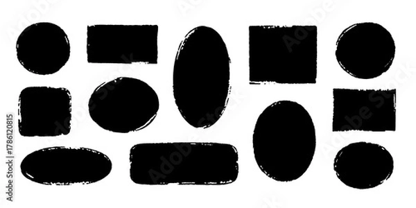 Fototapeta Brush frame rough rectangle box shape set. Text box frame rough grunge square, oval paint shape element. Hand drawn texture grunge brush rectangle, circle round text border. Vector illustration