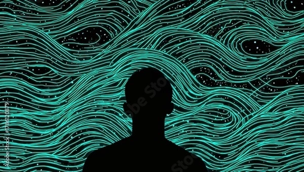 Fototapeta Silhouette of person against abstract futuristic neon lines and digital wave pattern for technology and innovation concepts