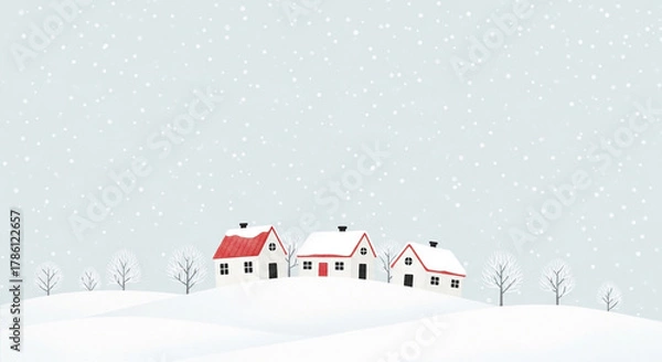 Obraz Winter landscape with snow falling on houses and trees in a peaceful scene