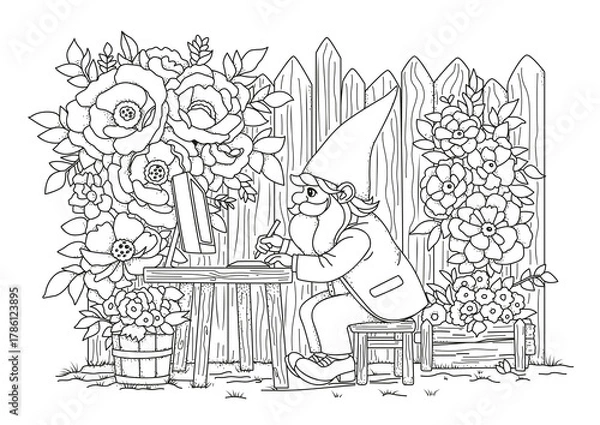 Obraz A gnome in a suit sits and works at a computer against a backdrop of a wooden fence and flowers. This coloring page is for children and adults. Black and white illustration for coloring.