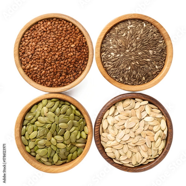 Obraz Assorted seeds in wooden bowls