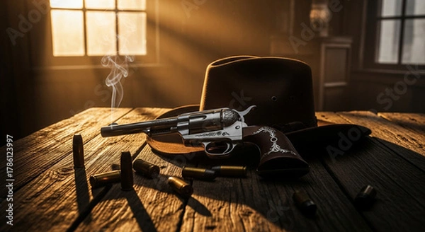 Obraz Vintage western scene with revolver, hat, and bullets on a wooden table