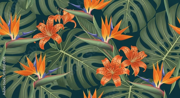 Obraz Seamless pattern with tropical leaves and flowers in dark green color