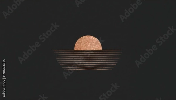 Fototapeta Minimalist golden sunset abstract design with wavy lines and textured sun on black background for modern decor