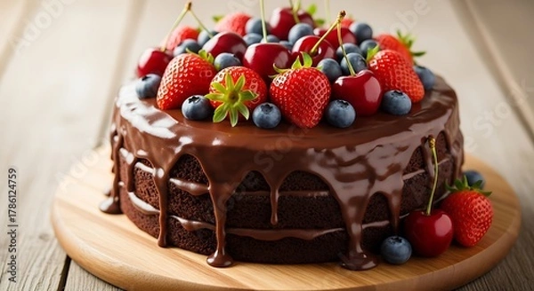 Fototapeta A rich chocolate layer cake topped with glossy chocolate ganache, fresh strawberries, blueberries, and cherries, placed on a rustic wooden surface