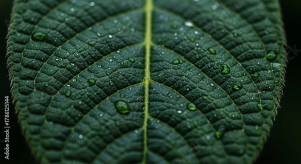 Obraz Close up of a green leaf with water droplets on its surface in nature