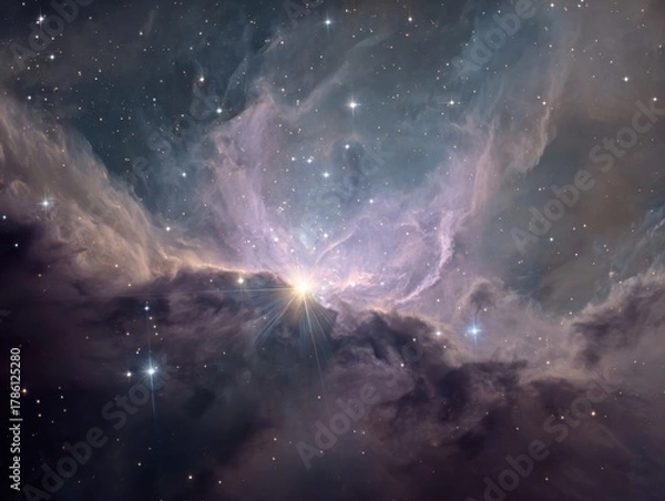 Fototapeta Radiant Starburst within a Dusty Nebula - Brilliant Light Emanating from a Stellar Core amidst Swirling Interstellar Clouds, Capturing a Dynamic Cosmic Scene with Scattered Stars and Ethereal Glow