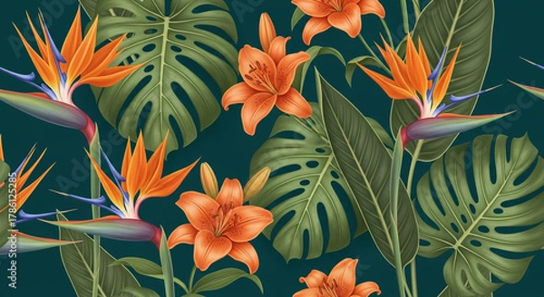 Obraz Seamless pattern with tropical flowers and leaves on dark green background