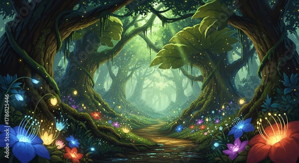 Obraz Enchanting forest path with colorful flowers and glowing lights illustration