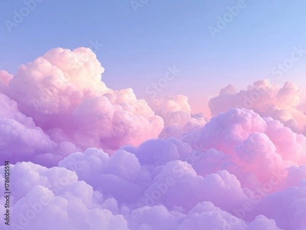 Fototapeta Dreamy Pastel Cumulus Clouds in Serene Sky, Soft Lavender and Pink Hues, Fluffy Cloudscape Abstract Background, Tranquil Atmosphere, Calm Skyscape, Ethereal Cloud Layers