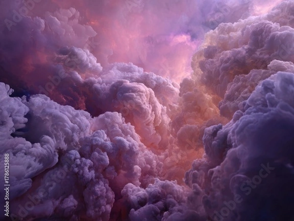 Fototapeta Dramatic and voluminous cumulonimbus clouds in shades of purple, pink, and orange, creating a powerful and atmospheric sky scape with intense light and shadow