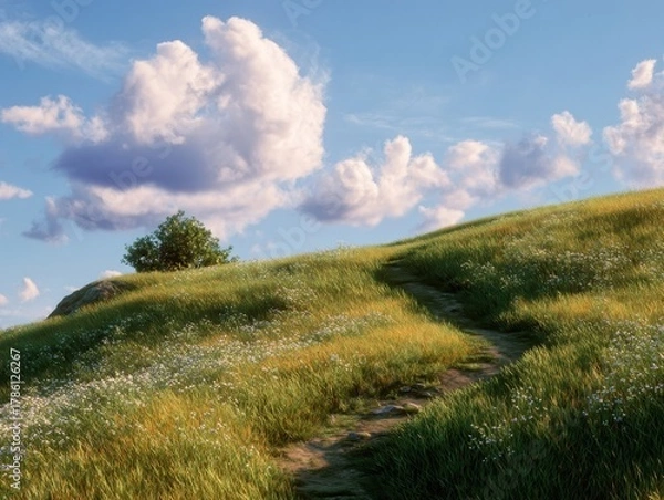 Fototapeta Sun-drenched grassy hill with winding dirt path under blue sky and white cumulus clouds, serene natural landscape with wildflowers and single tree on horizon
