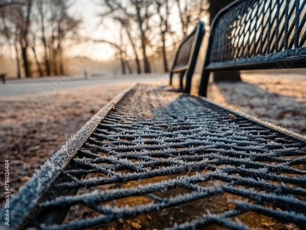 Fototapeta Low angle view frost-dusted perforated metal park bench, detailed ice crystals covering surface, golden hour light illuminating a tranquil winter park
