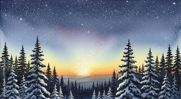Obraz Watercolor winter landscape with snowy forest and starry sky at sunset