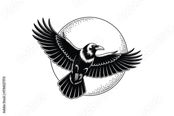 Fototapeta A crow with outstretched wings flies in front of a dotted circle representing a moon.