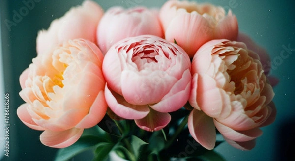 Obraz Closeup of a beautiful bouquet of pink peonies in soft light indoors