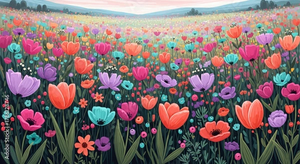 Obraz Colorful flower field with tulips and wildflowers in the meadow landscape
