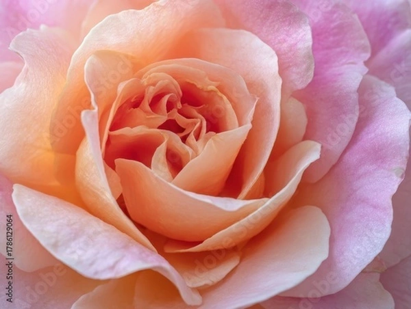 Fototapeta Detailed Close-up of a Vibrant Rose with Soft, Curling Petals in Hues of Peach, Pink, and Cream, Creating a Captivating and Delicate Floral Display