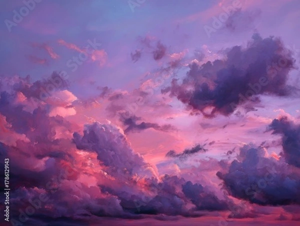 Fototapeta Vibrant Twilight Sky Cotton Candy Hues Dreamy Sunset Cloudscape Calm Evening Horizon Lavender and Fuchsia Cloud Formations Tranquil Dusk Atmosphere Serene Nature Backdrop