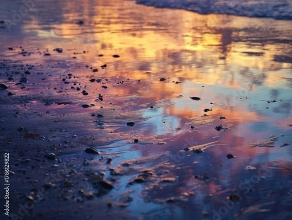 Fototapeta Close-up of beach sand at sunset, ocean waves reflecting colorful sky with small pebbles and ripples, vibrant golden and purple hues on wet ground
