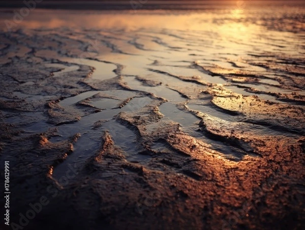 Fototapeta Low Tide Beach Textures during Golden Hour Sun Reflecting on Wet Sand Ripples Abstract Nature Scenery