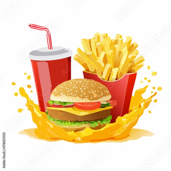 Fototapeta Fast food vector advertisement — cheeseburger, fries, soda — arranged dynamically