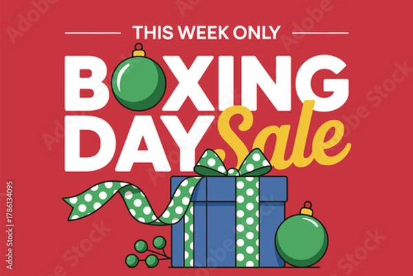 Fototapeta Boxing Day sale featuring gift boxes and Christmas ornaments for a limited time.