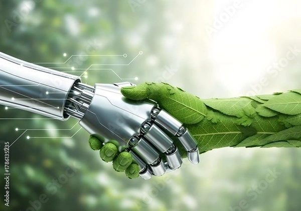 Fototapeta AI and Nature Handshake – Harmony Between Technology and Environment.