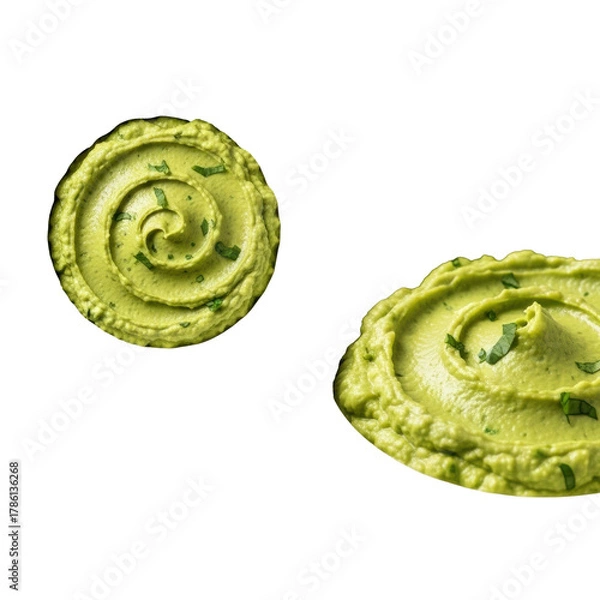 Fototapeta Two modern white ceramic bowls with vibrant green avocado dip, creamy, cilantro, macro-focused, on transparent background, copy space. Appetizing food photography for product marketing