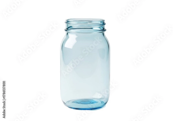 Fototapeta Empty, transparent blue-tinted glass mason jar with distinct screw threads, isolated on a transparent seamless studio background with copy space concept of versatile storage and clean design