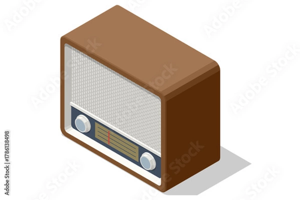 Obraz Isometric classic wooden vintage radio receiver, a symbol of retro communication and broadcast media Vintage analog radio device representing classic communication, nostalgic from the mid-20th century
