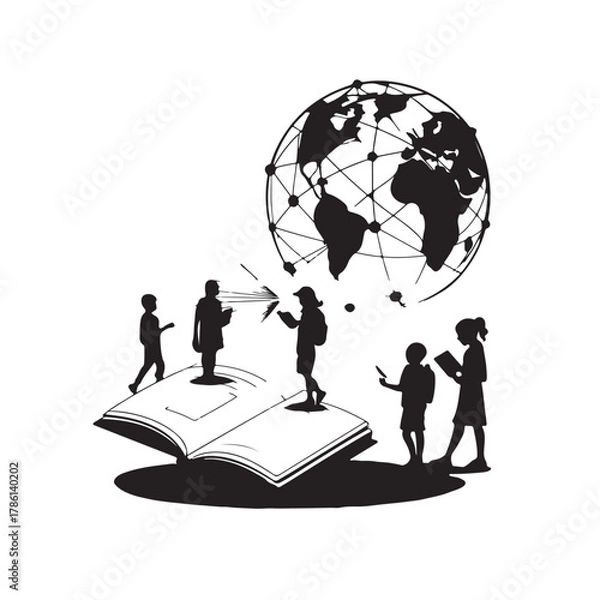 Obraz Children silhouettes reading on an open book with a globe network above vector