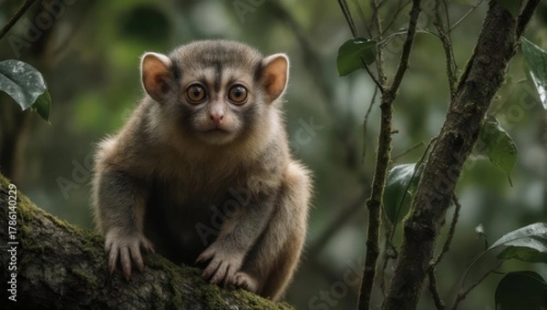 Obraz Cute lemur with big eyes sitting on a tree branch in a lush green forest.