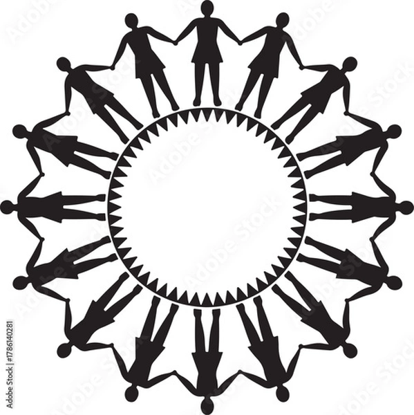 Fototapeta Circle of Silhouettes of People Holding Hands with Jagged Inner Edge Keywords: people, circle, unity, community, connection, holding hands, teamwork, diversity, together, group, human chain