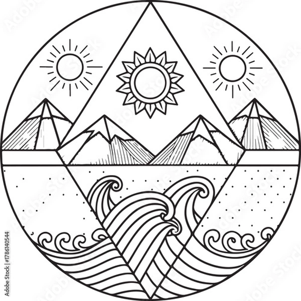 Fototapeta Circular line art with mountains, water, and three suns within a triangular and circular frame Keywords: mountains, water, sun, circle, triangle, line art, drawing, graphic, design, nature