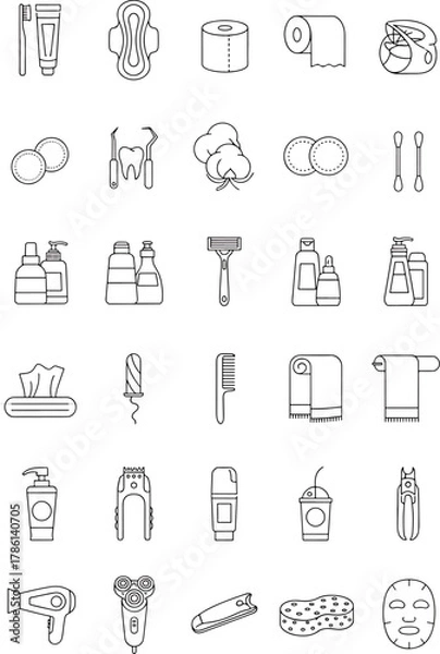 Fototapeta Collection of Bathroom Hygiene and Personal Care Icons Toothbrush Soap Shampoo Razor Towel Hair Dryer and Other Amenities