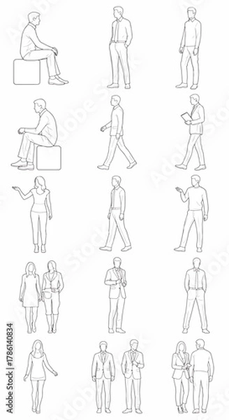 Fototapeta Collection of black and white line art illustrations of people in various poses and activities, men and women standing, sitting, and walking
