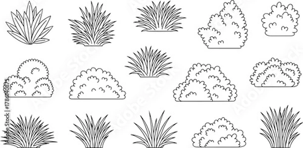 Fototapeta Collection of Black and White Outline Illustrations of Various Types of Bushes and Grass Plants Isolated on White Background Vector Graphics